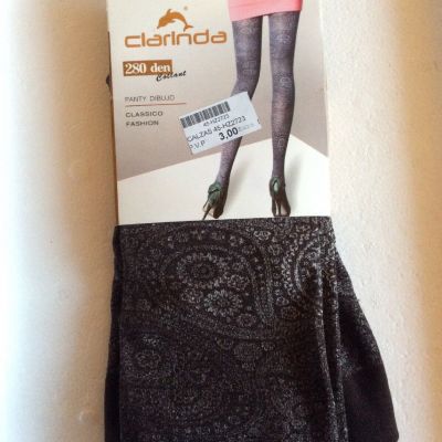 Nwt Clarinda 280 Den Panty Dibujo Thick Brown Floral Design Tights